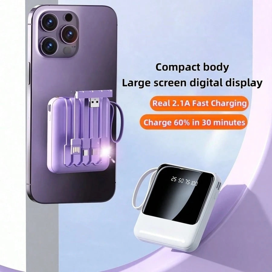 LADAPU 10000mAh Mini Cute Pocket Size Pink-15W Fast Charging Portable Power Bank, Small Size Large Capacity High Appearance, Built-In 4-In1- Detachable Cables, High-Speed Rechargeable Battery, Gifts F