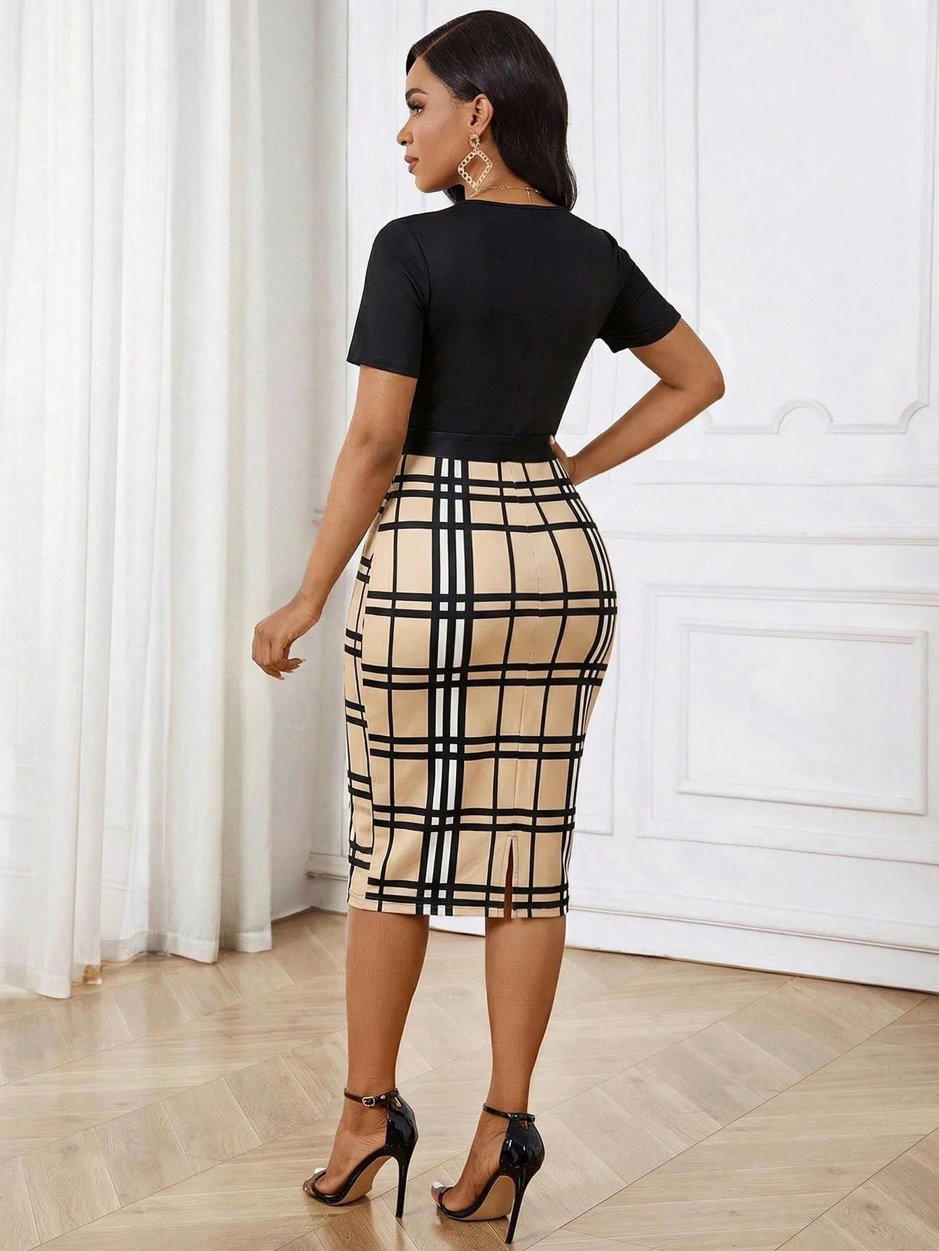 Lady Black And White Checkered Autumn Elegant Office Women's Dress,Slim Fit Zipper Shirt Collar Business Casual Work Outfits,Summer Beach Vacation Cruise
