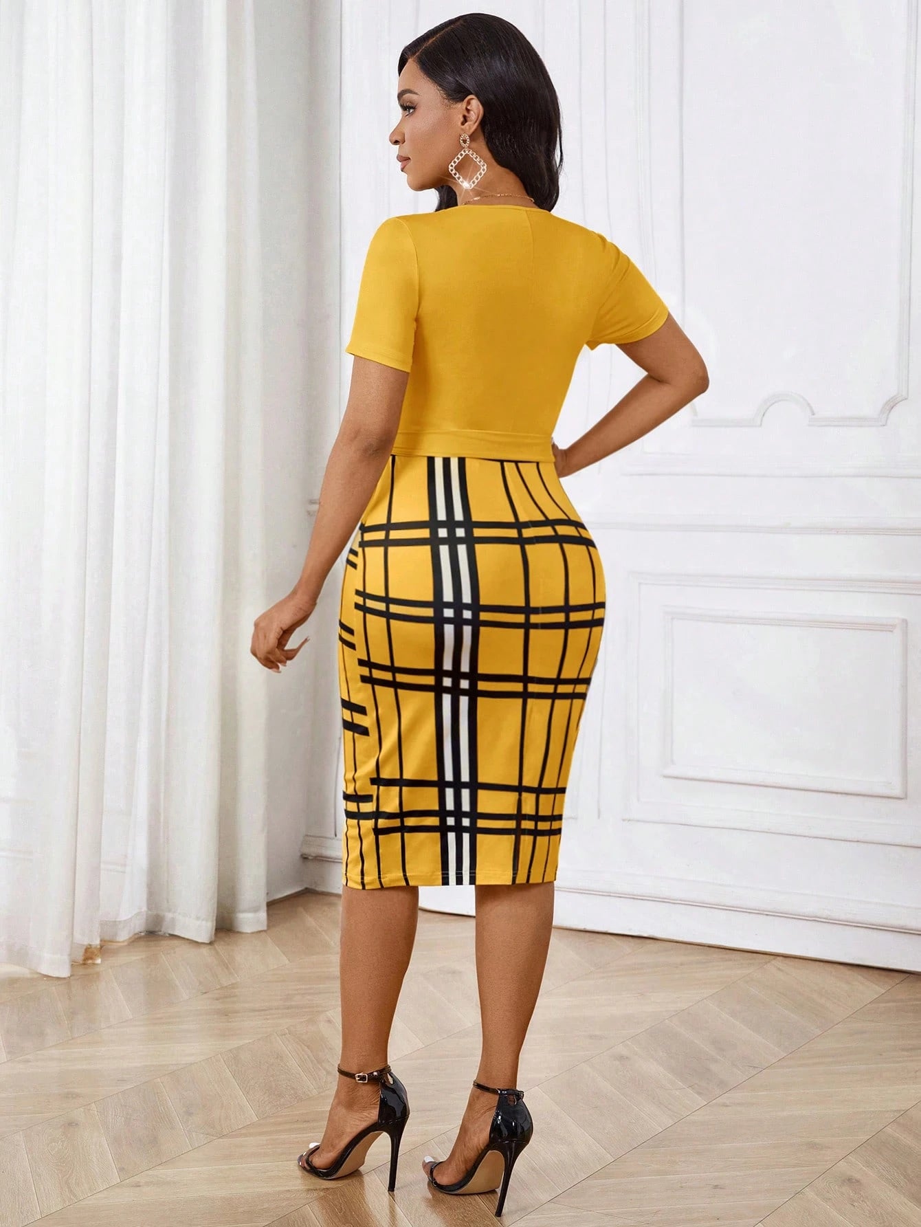 Lady Black And White Checkered Autumn Elegant Office Women's Dress,Slim Fit Zipper Shirt Collar Business Casual Work Outfits,Summer Beach Vacation Cruise