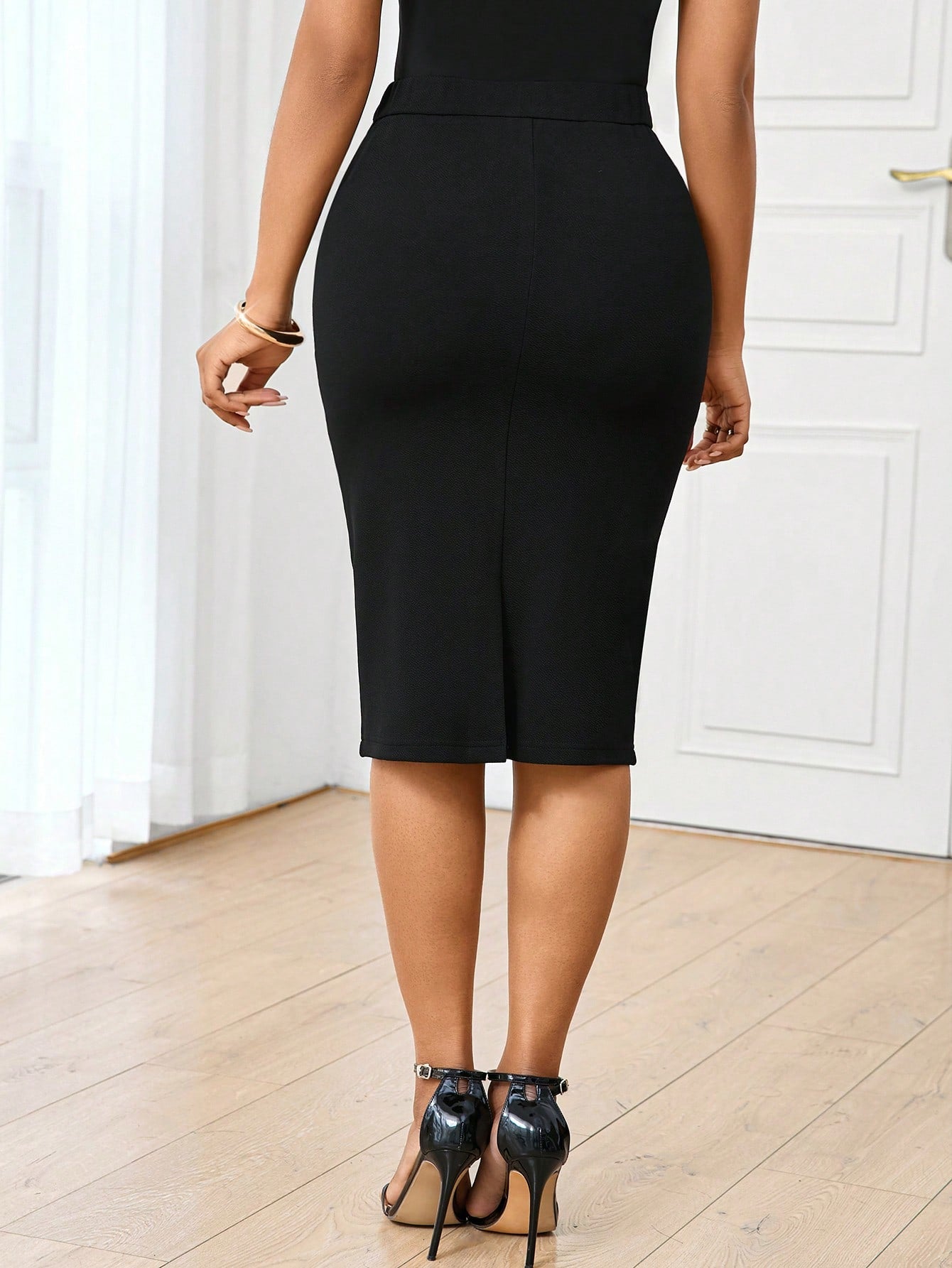 Lady Elegant Classy Workwear Dinner Formal Office Work Pleated Metallic Button Decor Bodycon Pencil Skirt For Women Black N Gold Skirt Teachers' Day Summer