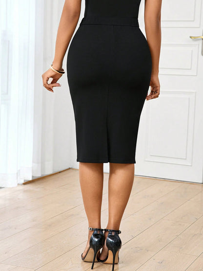 Lady Elegant Classy Workwear Dinner Formal Office Work Pleated Metallic Button Decor Bodycon Pencil Skirt For Women Black N Gold Skirt Teachers' Day Summer