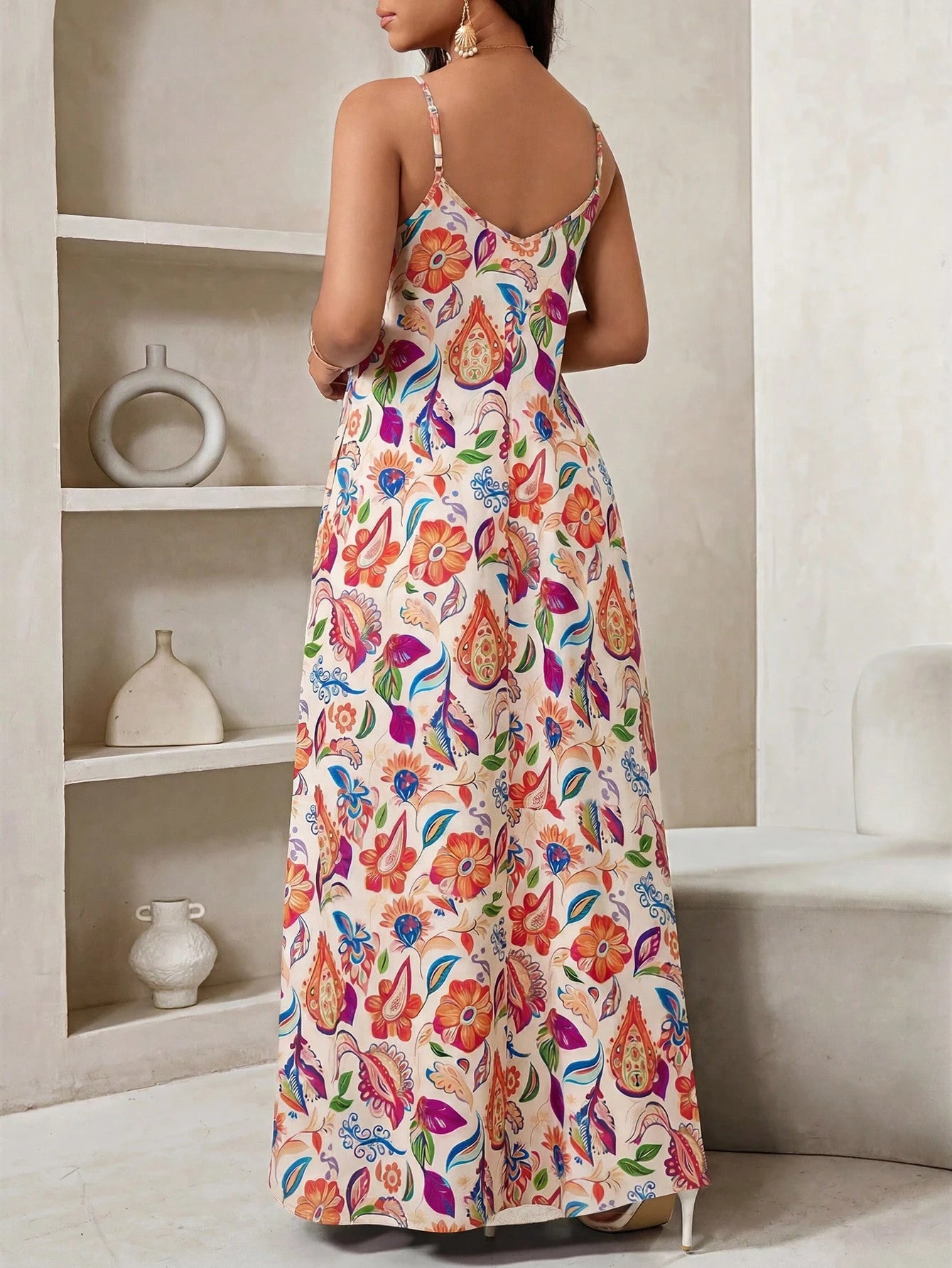 Lady Women's Floral Print Slit Pocket Casual Tropical Sexy Maxi Slip Dress,Summer Dresses For Women Vacation Beach Beige