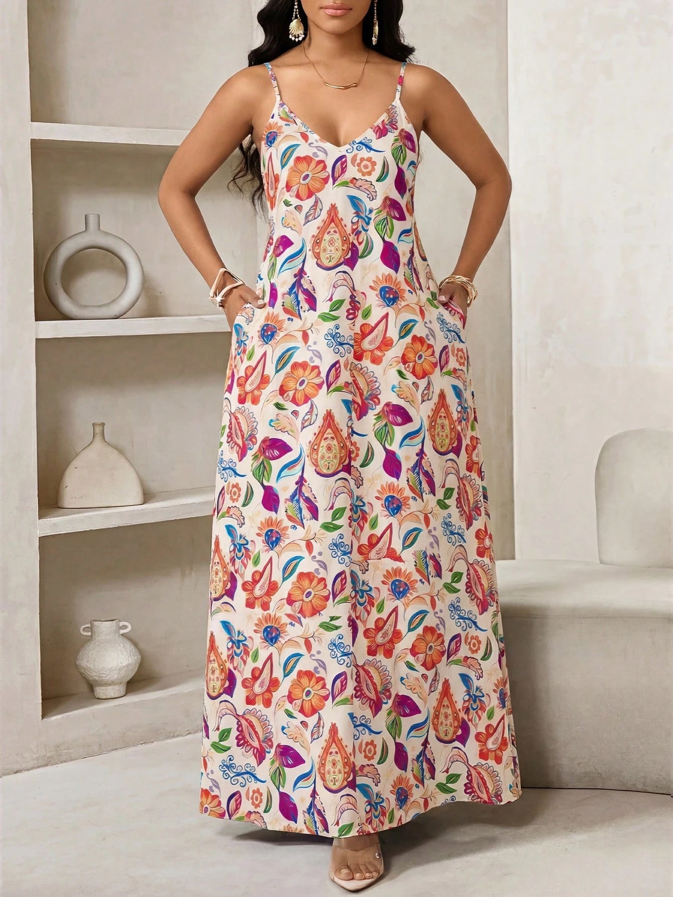 Lady Women's Floral Print Slit Pocket Casual Tropical Sexy Maxi Slip Dress,Summer Dresses For Women Vacation Beach Beige