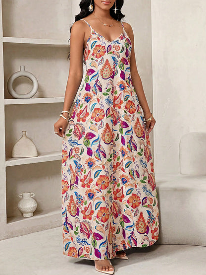 Lady Women's Floral Print Slit Pocket Casual Tropical Sexy Maxi Slip Dress,Summer Dresses For Women Vacation Beach Beige