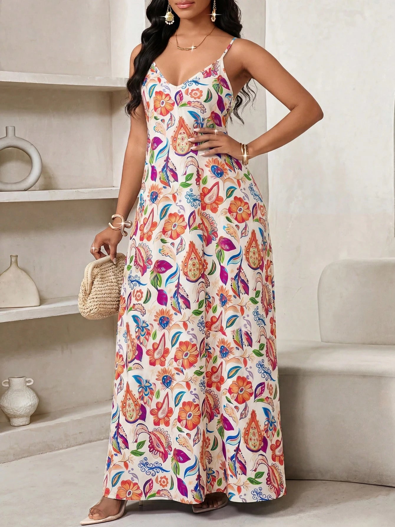 Lady Women's Floral Print Slit Pocket Casual Tropical Sexy Maxi Slip Dress,Summer Dresses For Women Vacation Beach Beige