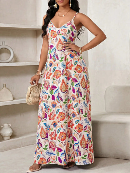 Lady Women's Floral Print Slit Pocket Casual Tropical Sexy Maxi Slip Dress,Summer Dresses For Women Vacation Beach Beige