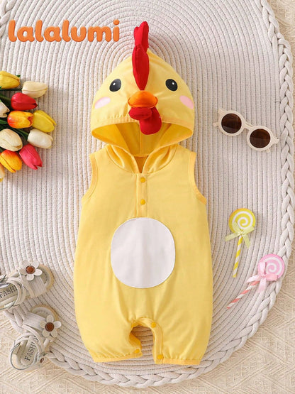 Lalalumi Newborn Baby Costumes Sleeveless Romper Yellow 3D Chick Cartoon Cute Bodysuit Summer Infant Suit
