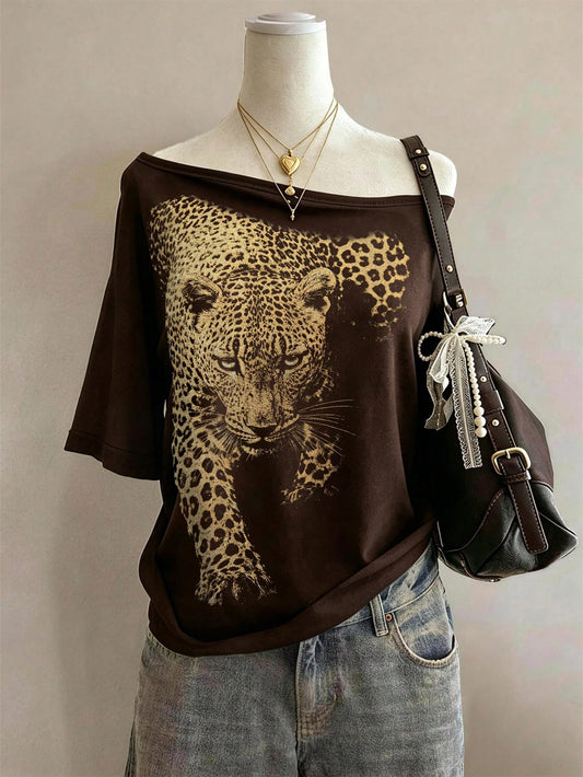 Lalippa Leopard Print Minimalist Round Neck T-Shirt, Gift For Friends