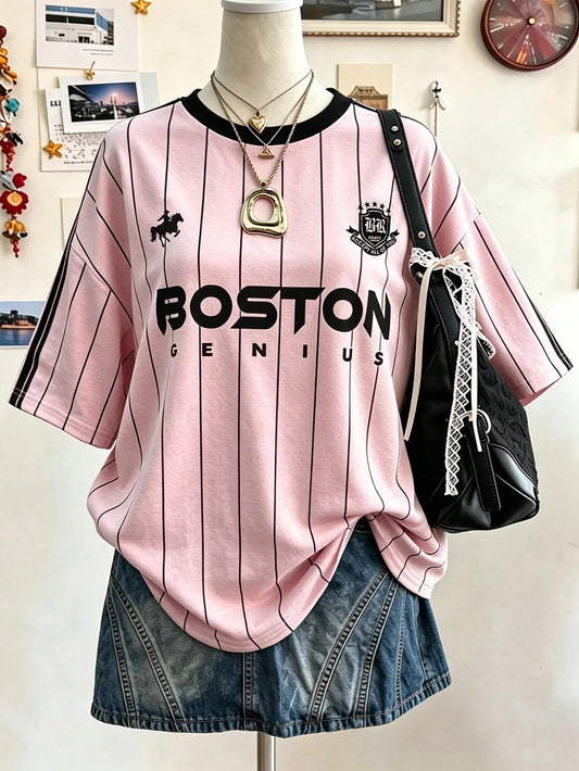 Lalippa Letter Pattern Vertical Stripe Digital Silver Fox Oversized Fashion Minimalist Women's Mid-Length Round Neck Drop Shoulder T-Shirt, Friend's Gift
