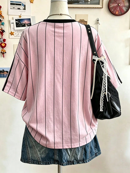 Lalippa Letter Pattern Vertical Stripe Digital Silver Fox Oversized Fashion Minimalist Women's Mid-Length Round Neck Drop Shoulder T-Shirt, Friend's Gift