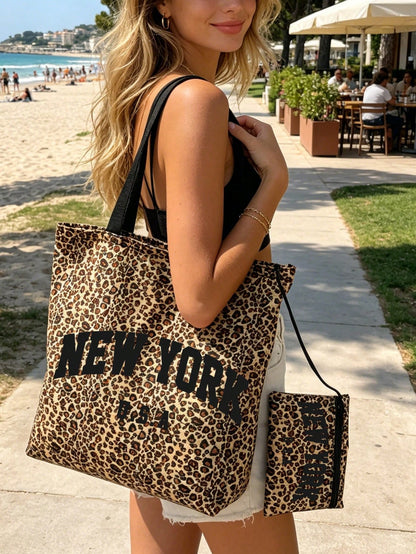 Large Capacity Leopard Print Foldable Tote Bag, Beach Bag With City Names (London/Milan/New York) (Includes Matching Leopard Print Storage Bag), Lightweight Reusable Women's Shoulder Bag, Waterproof M