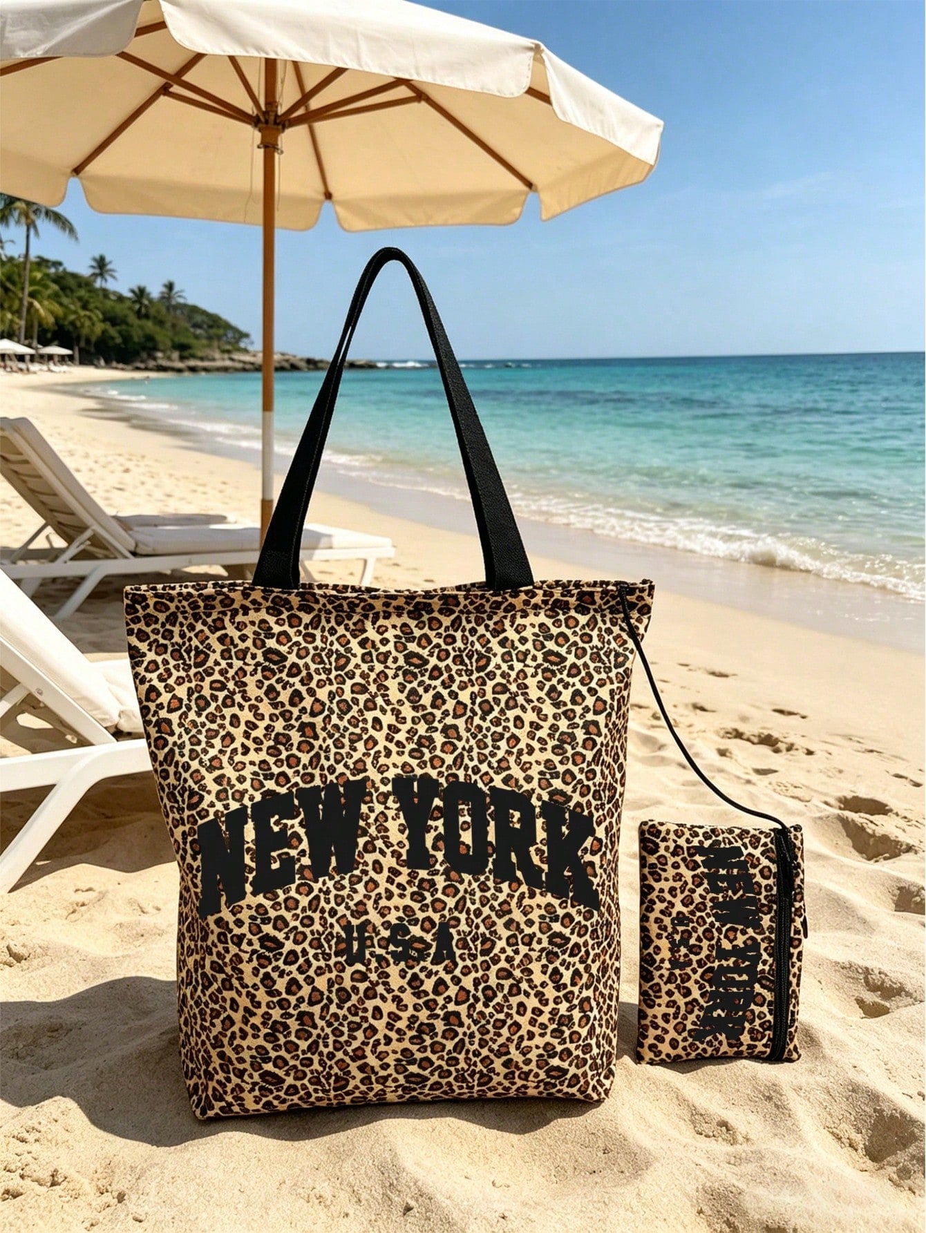 Large Capacity Leopard Print Foldable Tote Bag, Beach Bag With City Names (London/Milan/New York) (Includes Matching Leopard Print Storage Bag), Lightweight Reusable Women's Shoulder Bag, Waterproof M