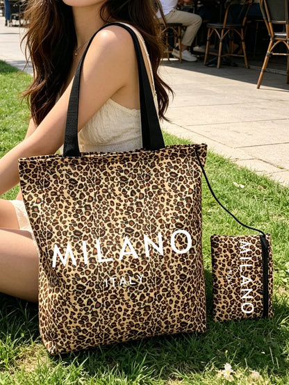 Large Capacity Leopard Print Foldable Tote Bag, Beach Bag With City Names (London/Milan/New York) (Includes Matching Leopard Print Storage Bag), Lightweight Reusable Women's Shoulder Bag, Waterproof M