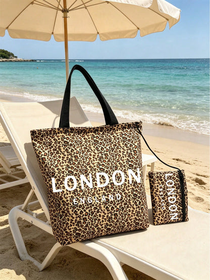 Large Capacity Leopard Print Foldable Tote Bag, Beach Bag With City Names (London/Milan/New York) (Includes Matching Leopard Print Storage Bag), Lightweight Reusable Women's Shoulder Bag, Waterproof M