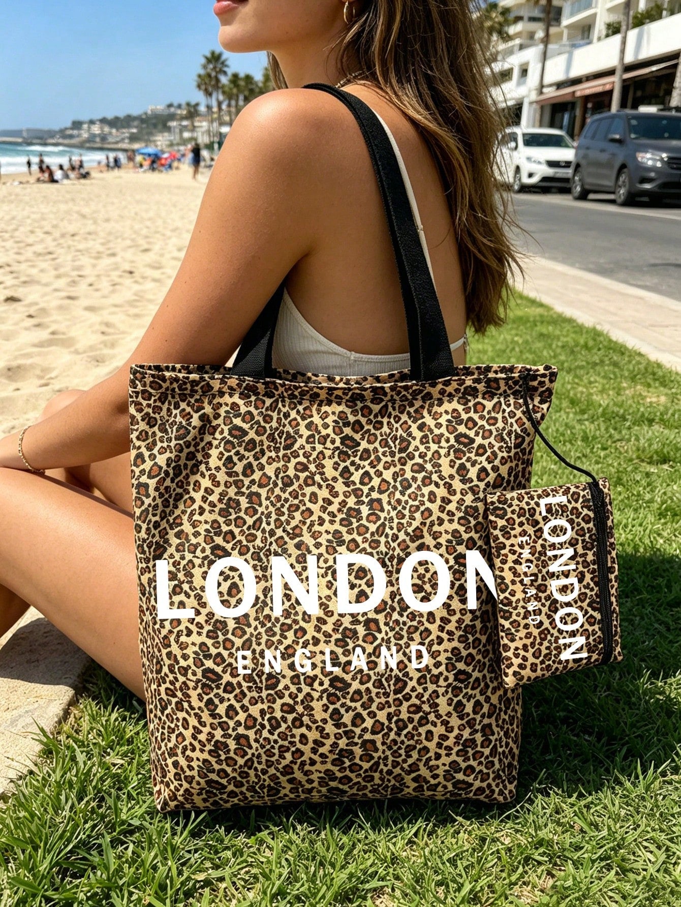 Large Capacity Leopard Print Foldable Tote Bag, Beach Bag With City Names (London/Milan/New York) (Includes Matching Leopard Print Storage Bag), Lightweight Reusable Women's Shoulder Bag, Waterproof M