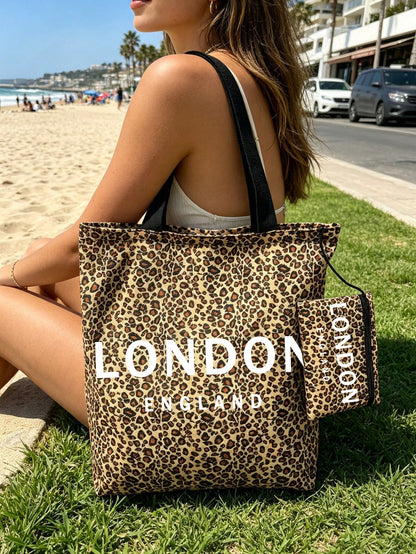 Large Capacity Leopard Print Foldable Tote Bag, Beach Bag With City Names (London/Milan/New York) (Includes Matching Leopard Print Storage Bag), Lightweight Reusable Women's Shoulder Bag, Waterproof M