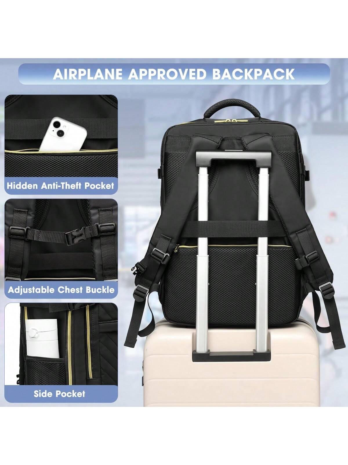 Large Carry On Travel Backpack- Flight Approved Waterproof Anti-Theft Luggage Daypack For Women Men Fit 17 Inch Laptop Business Weekender Overnight Backpack College Bag Personal Item Size Black
