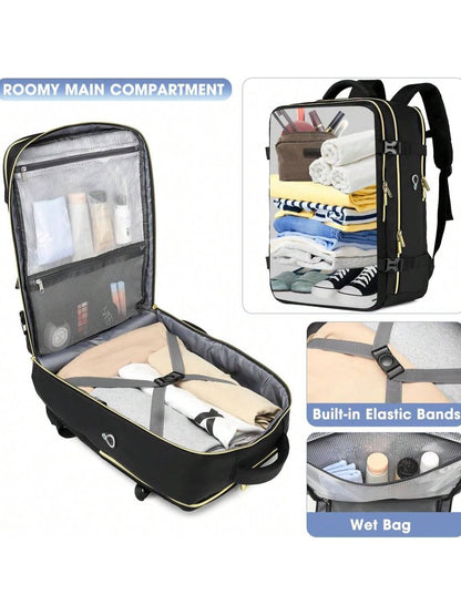 Large Carry On Travel Backpack- Flight Approved Waterproof Anti-Theft Luggage Daypack For Women Men Fit 17 Inch Laptop Business Weekender Overnight Backpack College Bag Personal Item Size Black
