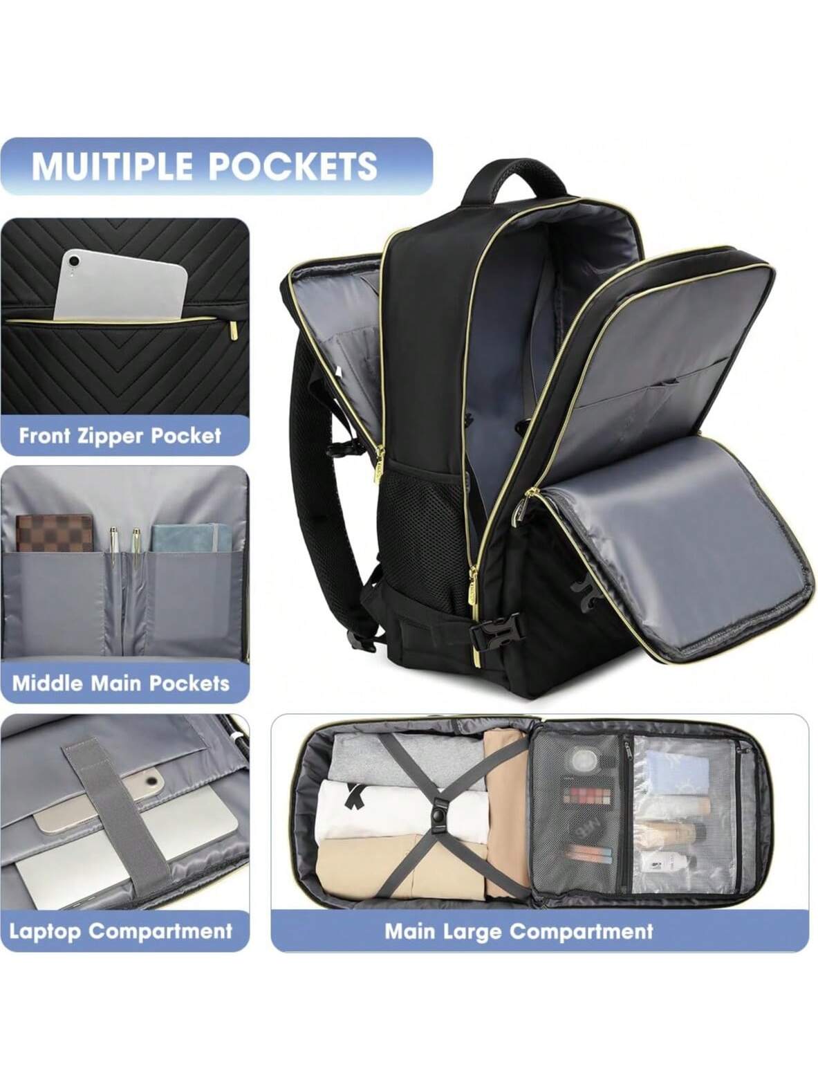Large Carry On Travel Backpack- Flight Approved Waterproof Anti-Theft Luggage Daypack For Women Men Fit 17 Inch Laptop Business Weekender Overnight Backpack College Bag Personal Item Size Black