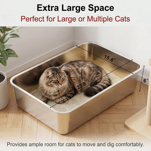 Large Stainless Steel Litter Box With High Sides, Mess Free Metal Cat Litter Pan, Non-Stick Easy To Clean Pet Toilet For Large Cats & Rabbits
