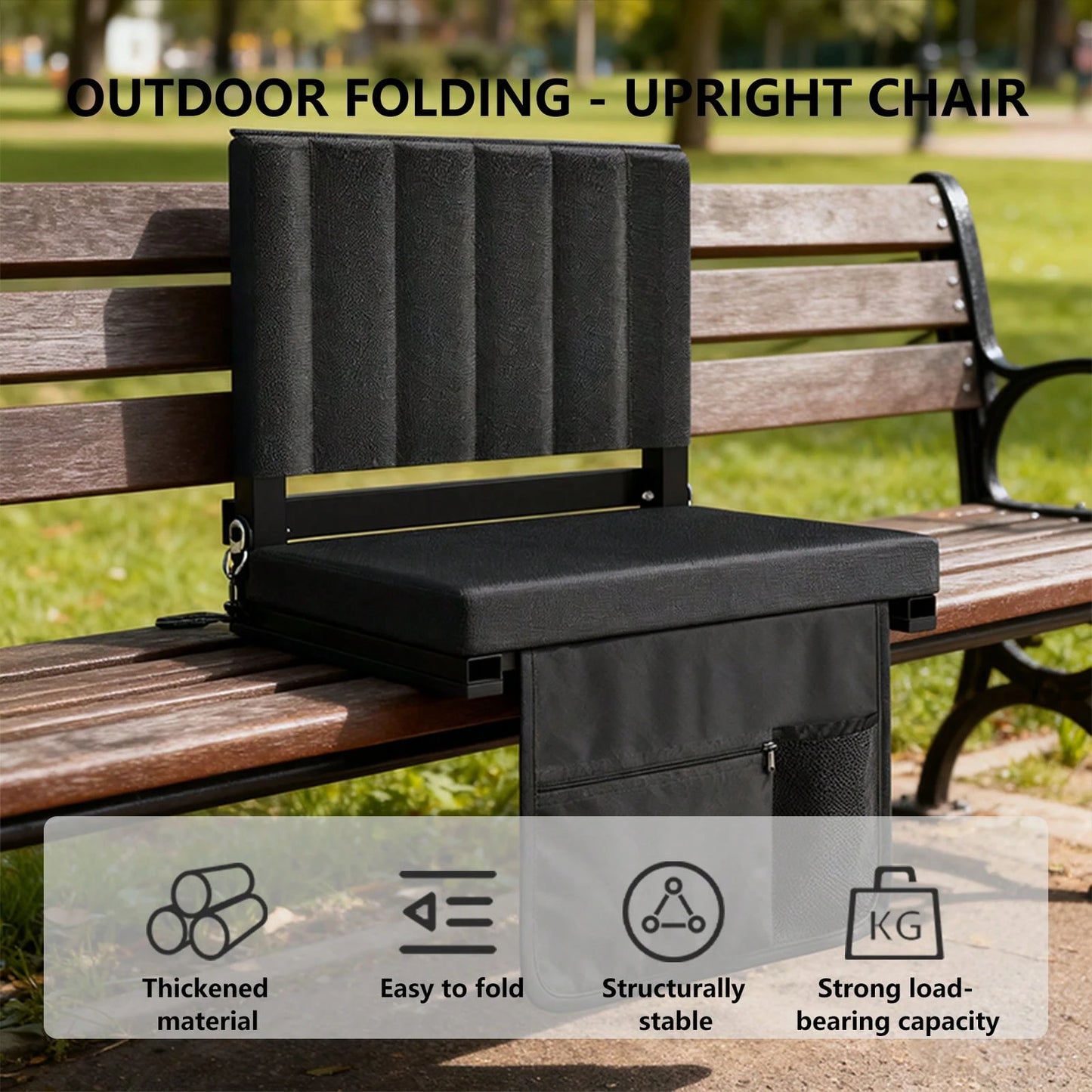 Lcchabls Portable Stadium Seat With Back Support & Padded Cushion, Folding Bleacher Chair With Cup Holder, Pocket & Shoulder Strap For Sports, Camping, Beach & Picnics – Black