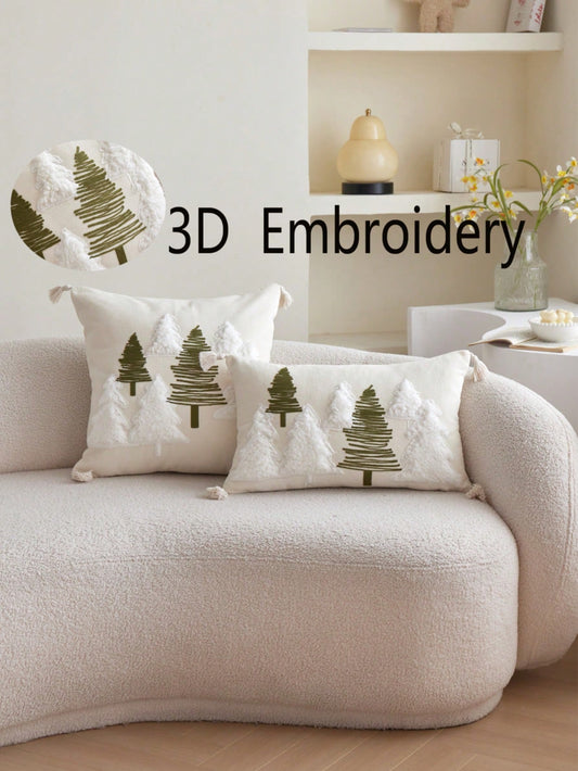 LCUHPCL 1pc Bohemian Style 3D Pine Tree & Snowy Mountain Embroidered Pillow Case, Home Decor For Sofa, Living Room, Bedroom, Dining Room And More