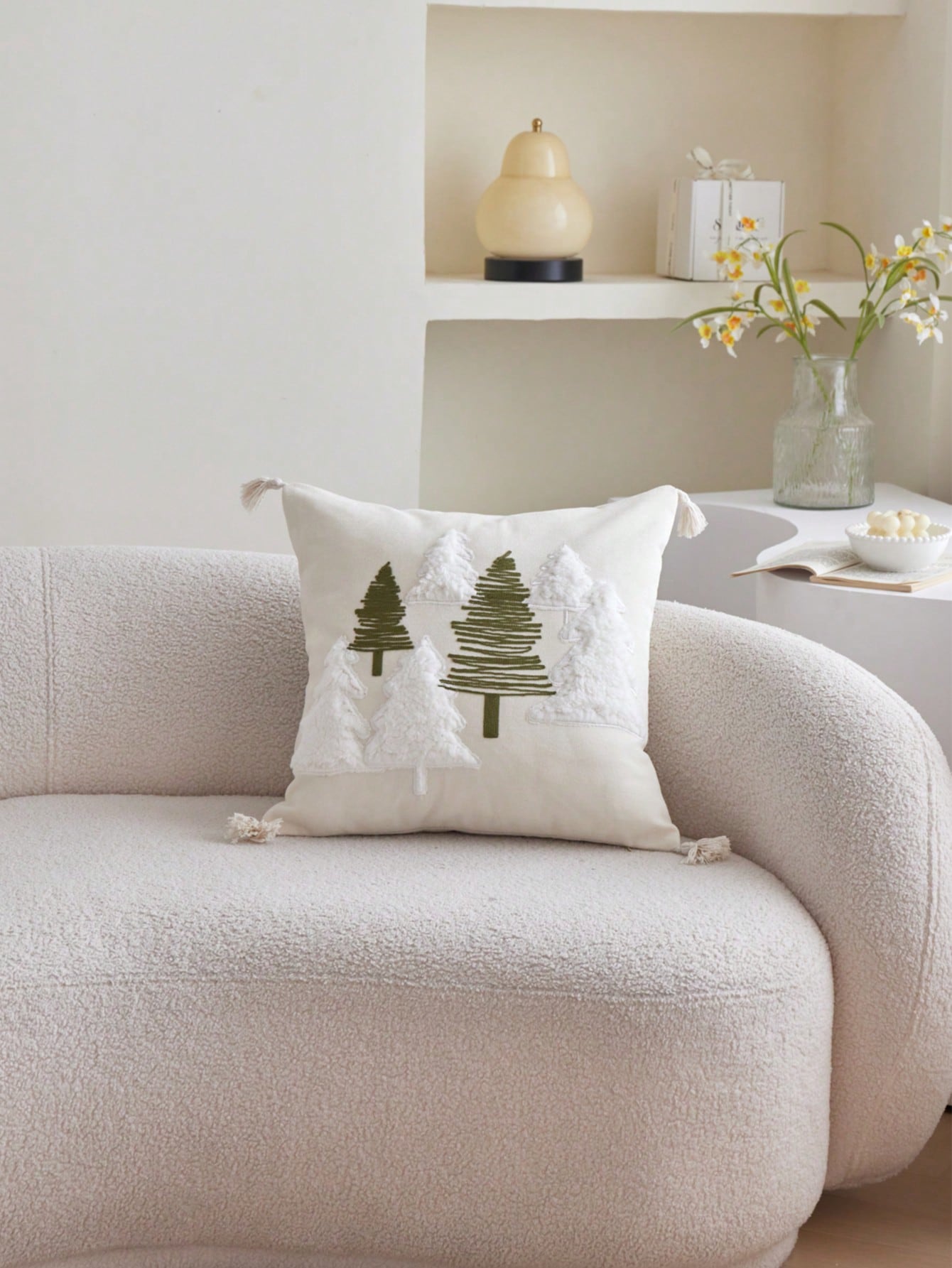 LCUHPCL 1pc Bohemian Style 3D Pine Tree & Snowy Mountain Embroidered Pillow Case, Home Decor For Sofa, Living Room, Bedroom, Dining Room And More