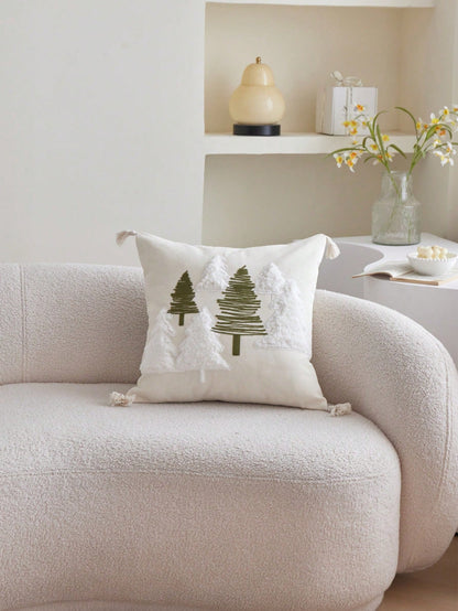 LCUHPCL 1pc Bohemian Style 3D Pine Tree & Snowy Mountain Embroidered Pillow Case, Home Decor For Sofa, Living Room, Bedroom, Dining Room And More