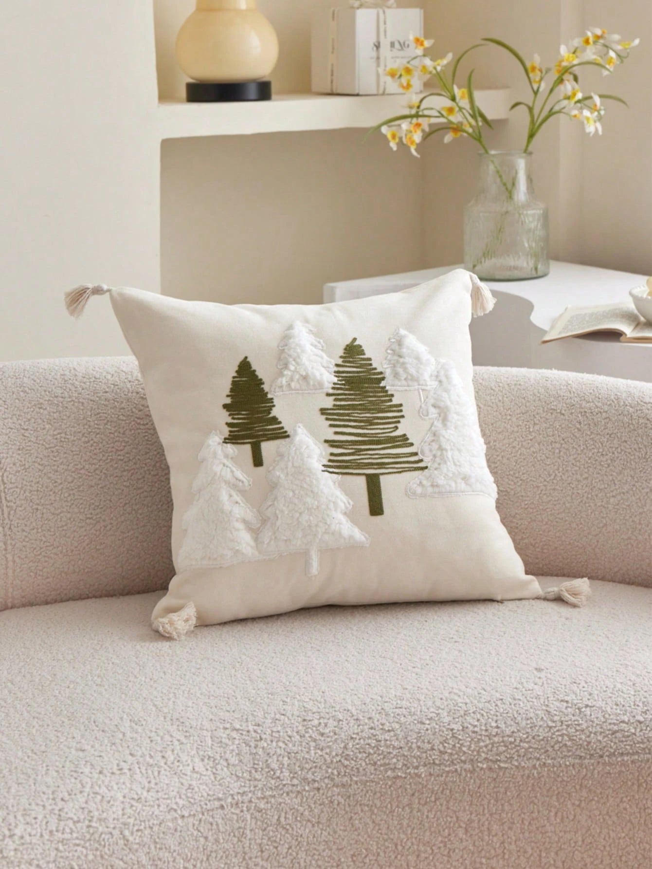 LCUHPCL 1pc Bohemian Style 3D Pine Tree & Snowy Mountain Embroidered Pillow Case, Home Decor For Sofa, Living Room, Bedroom, Dining Room And More