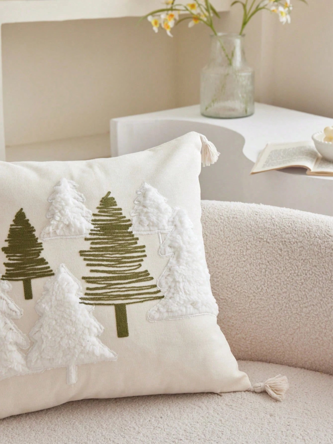 LCUHPCL 1pc Bohemian Style 3D Pine Tree & Snowy Mountain Embroidered Pillow Case, Home Decor For Sofa, Living Room, Bedroom, Dining Room And More
