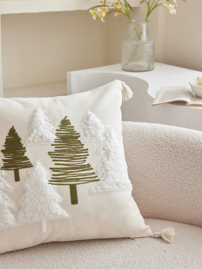 LCUHPCL 1pc Bohemian Style 3D Pine Tree & Snowy Mountain Embroidered Pillow Case, Home Decor For Sofa, Living Room, Bedroom, Dining Room And More