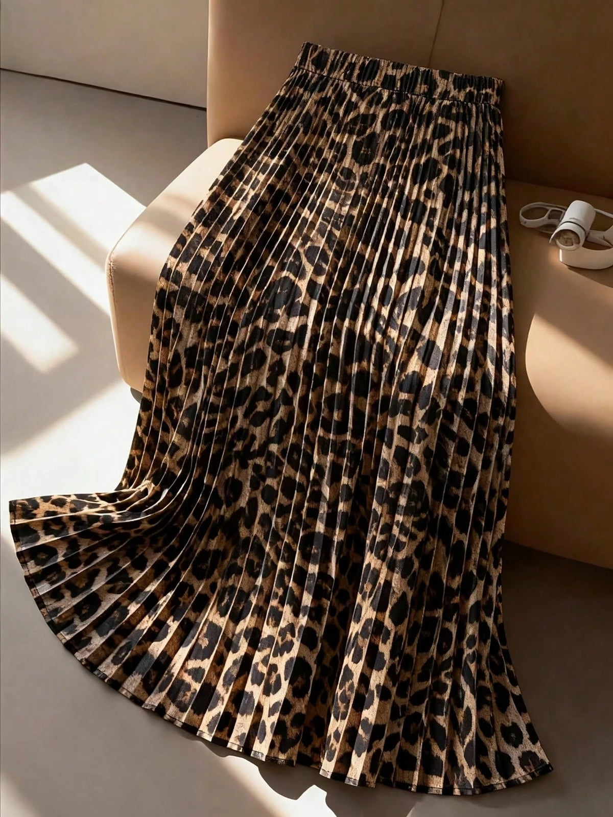 Leopard Print Elastic Waist Casual Pleated Beach Skirt, Autumn Women's Casual Pleated A-Line Skirt, Commute/Date/Party/Vacation Summer