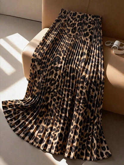 Leopard Print Elastic Waist Casual Pleated Beach Skirt, Autumn Women's Casual Pleated A-Line Skirt, Commute/Date/Party/Vacation Summer
