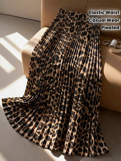 Leopard Print Elastic Waist Casual Pleated Beach Skirt, Autumn Women's Casual Pleated A-Line Skirt, Commute/Date/Party/Vacation Summer