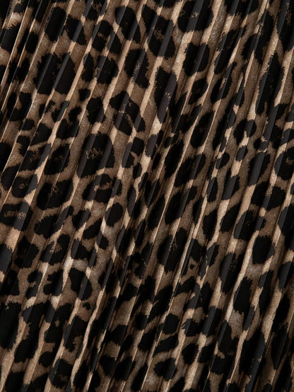 Leopard Print Elastic Waist Casual Pleated Beach Skirt, Autumn Women's Casual Pleated A-Line Skirt, Commute/Date/Party/Vacation Summer