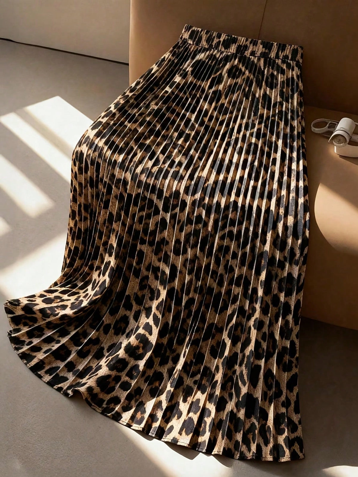 Leopard Print Elastic Waist Casual Pleated Beach Skirt, Autumn Women's Casual Pleated A-Line Skirt, Commute/Date/Party/Vacation Summer