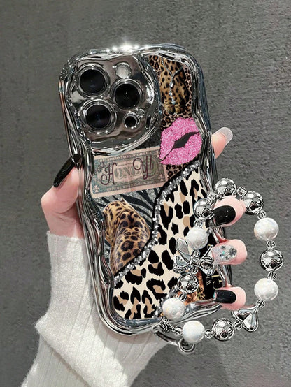 Leopard Print Painted Flat Print Electroplated Added Electroplated Handmade Chain Painted Cream Pattern Painted Soft Shell Suitable For IP17/IP17PROMAX/Iphone16//Iphone16pro/Iphone16promax/Iphone15/ X