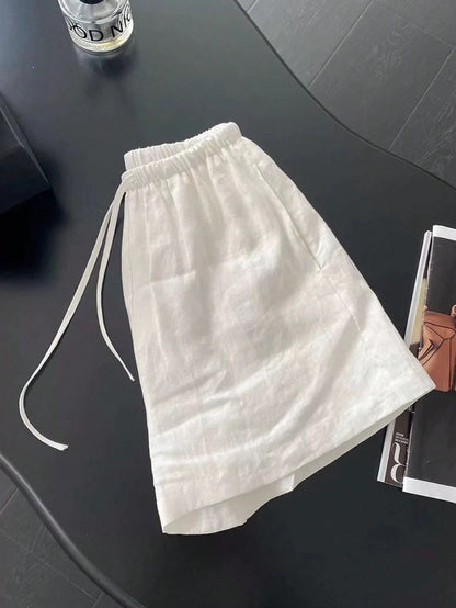 Lightweight Linen Elastic Waist Drawstring Straight Leg Casual Loose Shorts, Versatile & Slimming, Summer White
