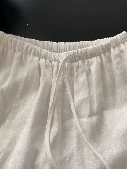 Lightweight Linen Elastic Waist Drawstring Straight Leg Casual Loose Shorts, Versatile & Slimming, Summer White