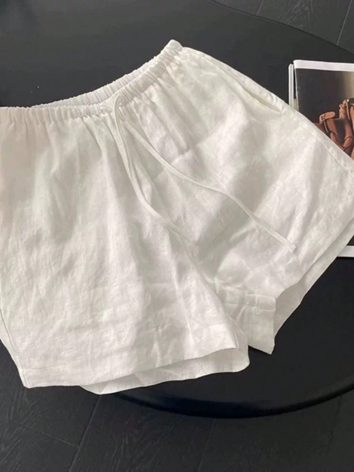 Lightweight Linen Elastic Waist Drawstring Straight Leg Casual Loose Shorts, Versatile & Slimming, Summer White