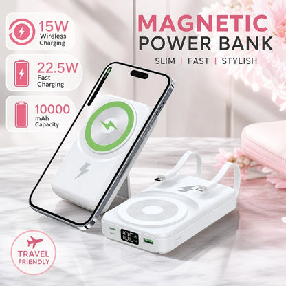 Lightweight White 10000mAh Magnetic Power Bank With 15W Wireless And 22.5W Fast Charging, With Clear LED Power Level Readout, Circular Green Pad And Rear Stand For Upright Viewing, Suited To Compatibl