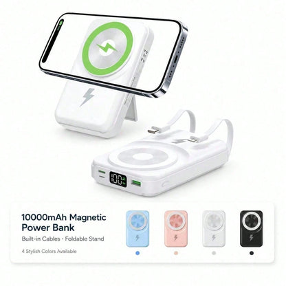 Lightweight White 10000mAh Magnetic Power Bank With 15W Wireless And 22.5W Fast Charging, With Clear LED Power Level Readout, Circular Green Pad And Rear Stand For Upright Viewing, Suited To Compatibl