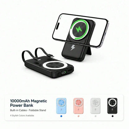 Lightweight White 10000mAh Magnetic Power Bank With 15W Wireless And 22.5W Fast Charging, With Clear LED Power Level Readout, Circular Green Pad And Rear Stand For Upright Viewing, Suited To Compatibl