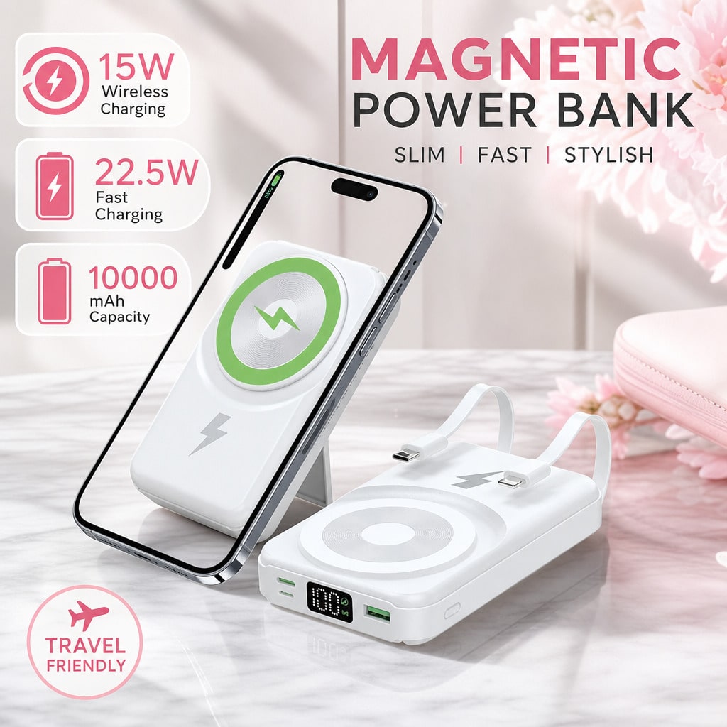 Lightweight White 10000mAh Magnetic Power Bank With 15W Wireless And 22.5W Fast Charging, With Clear LED Power Level Readout, Circular Green Pad And Rear Stand For Upright Viewing, Suited To Compatibl