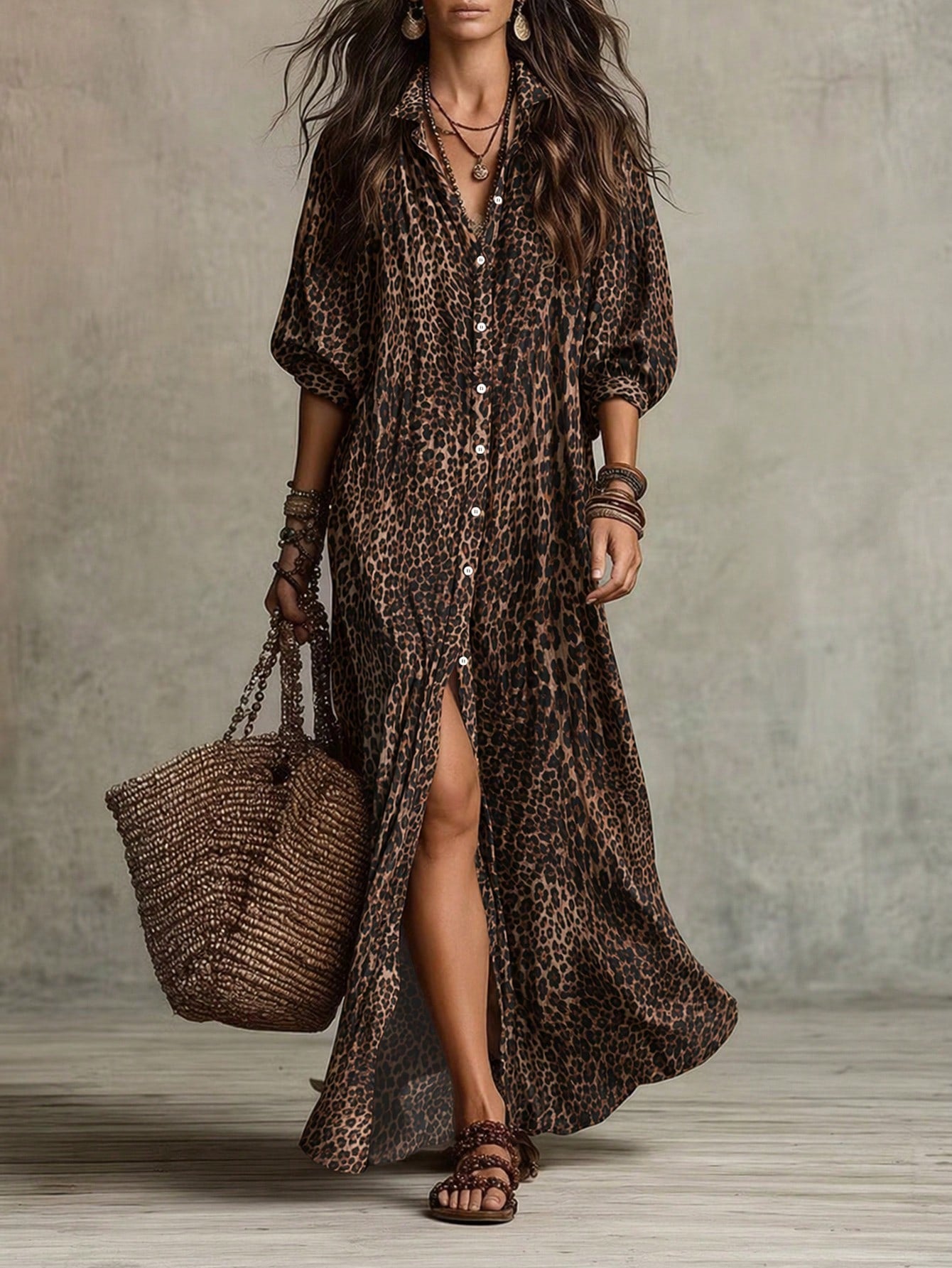 Linhara CURVE Plus Size Women's Leopard Print Single-Breasted Long Loose Fit Shirt Fall