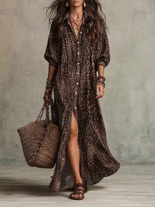 Linhara CURVE Plus Size Women's Leopard Print Single-Breasted Long Loose Fit Shirt Fall
