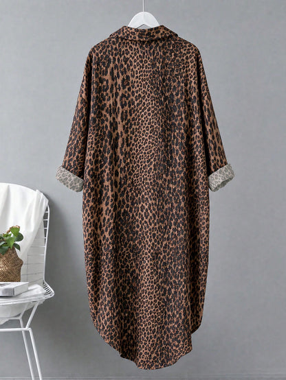 Linhara CURVE Plus Size Women's Leopard Print Single-Breasted Long Loose Fit Shirt Fall