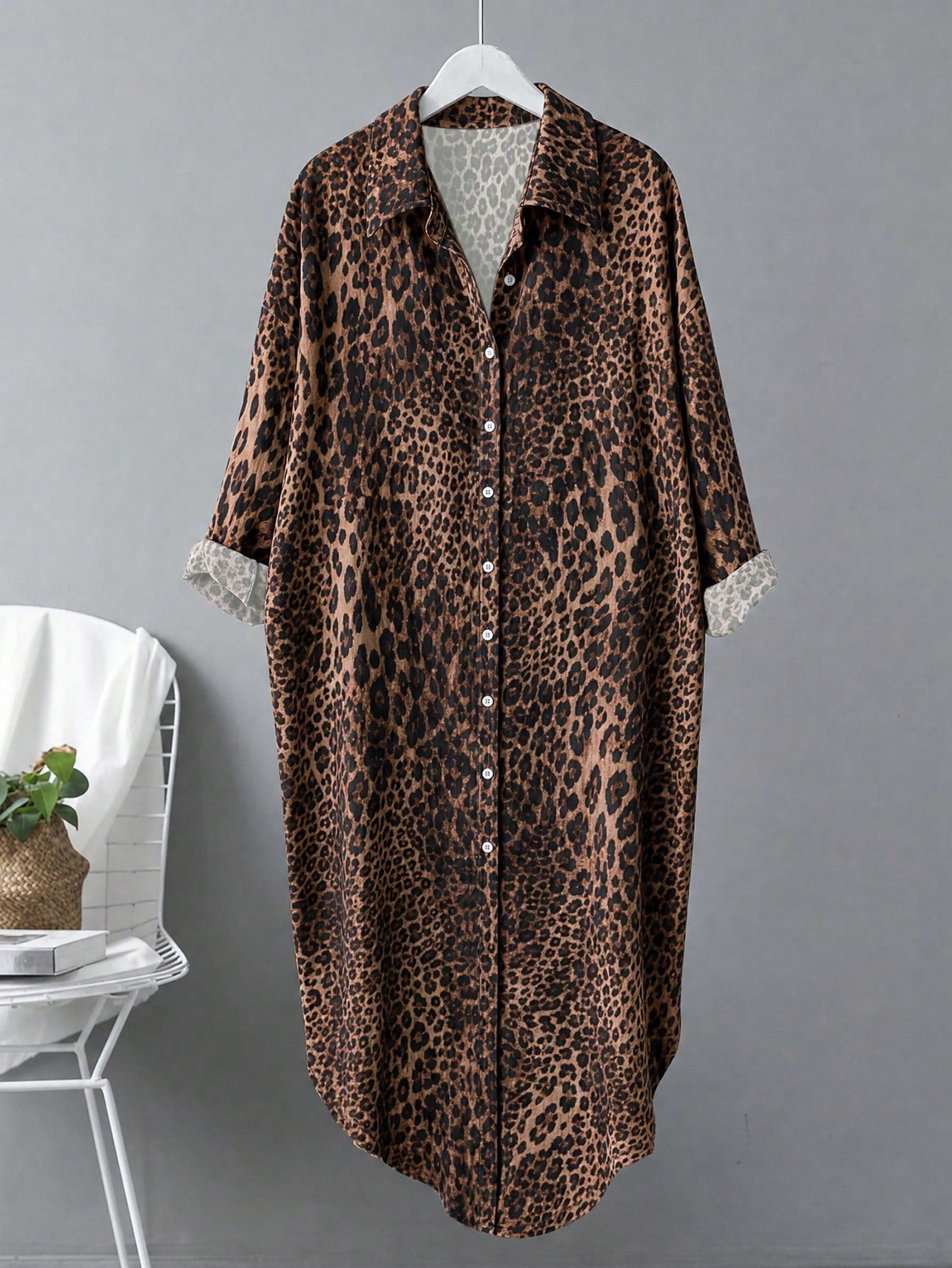 Linhara CURVE Plus Size Women's Leopard Print Single-Breasted Long Loose Fit Shirt Fall