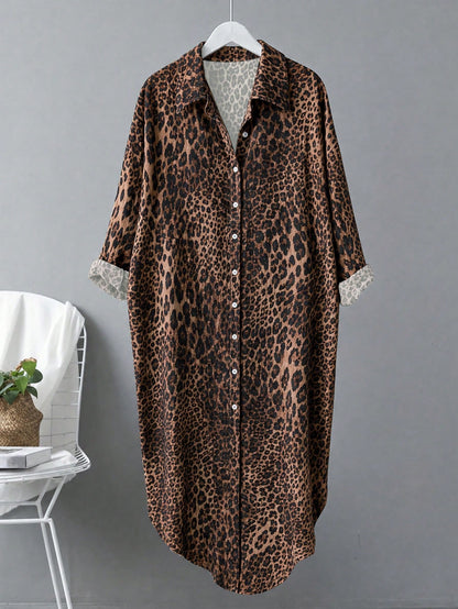 Linhara CURVE Plus Size Women's Leopard Print Single-Breasted Long Loose Fit Shirt Fall