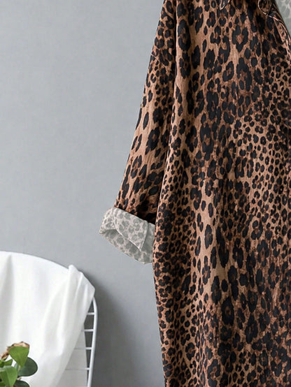 Linhara CURVE Plus Size Women's Leopard Print Single-Breasted Long Loose Fit Shirt Fall